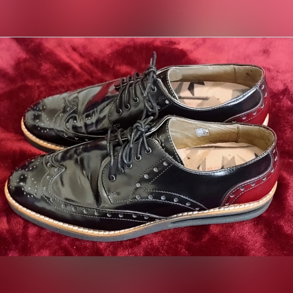 Nobrand Polished Leather Black/Burgundy Brogue Wingtips Sz 41 ( 8.5 M, 10 WO)